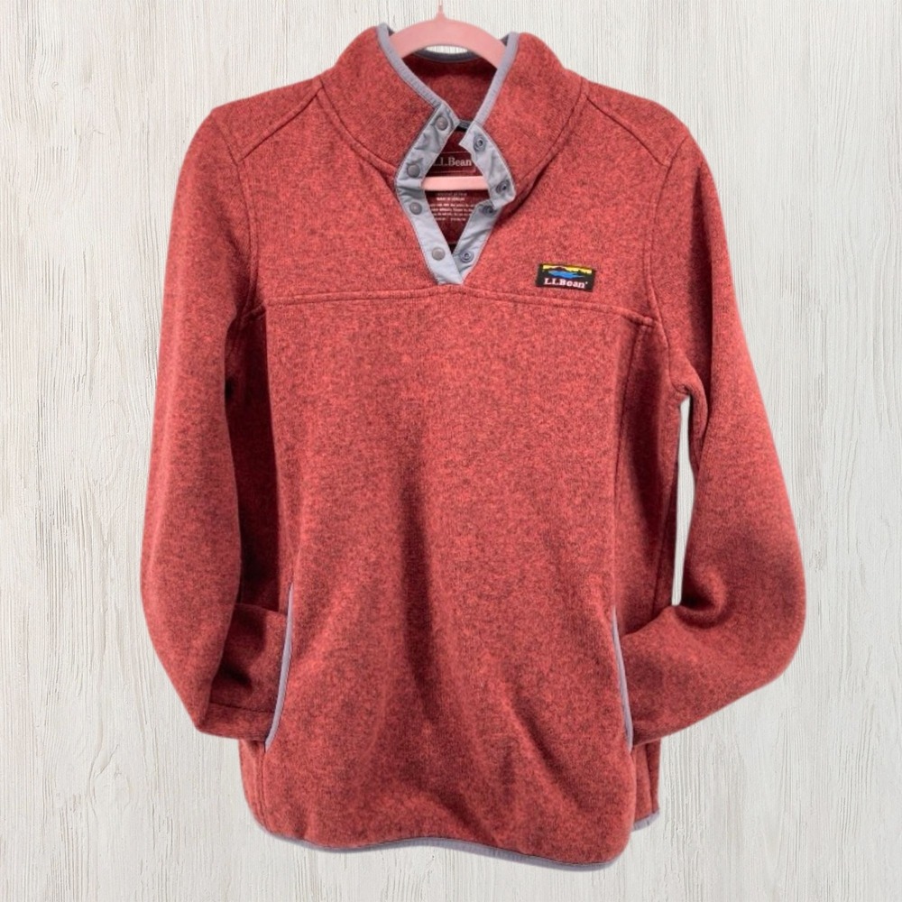 LL Bean Sweater Fleece Pullover Women Medium Red Marl Snap Neck 292726